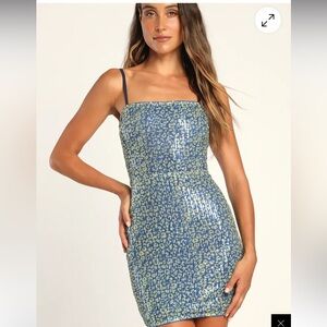 NWT Lulus Wild for the Party Blue Leopard Print Sequin Bodycon Mini Dress